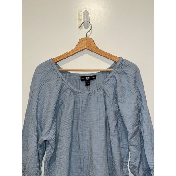 Ashley Stewart Light Blue Fringe Hem Boho Peasant Tunic Top Women's Size 14/16 - Picture 2 of 9